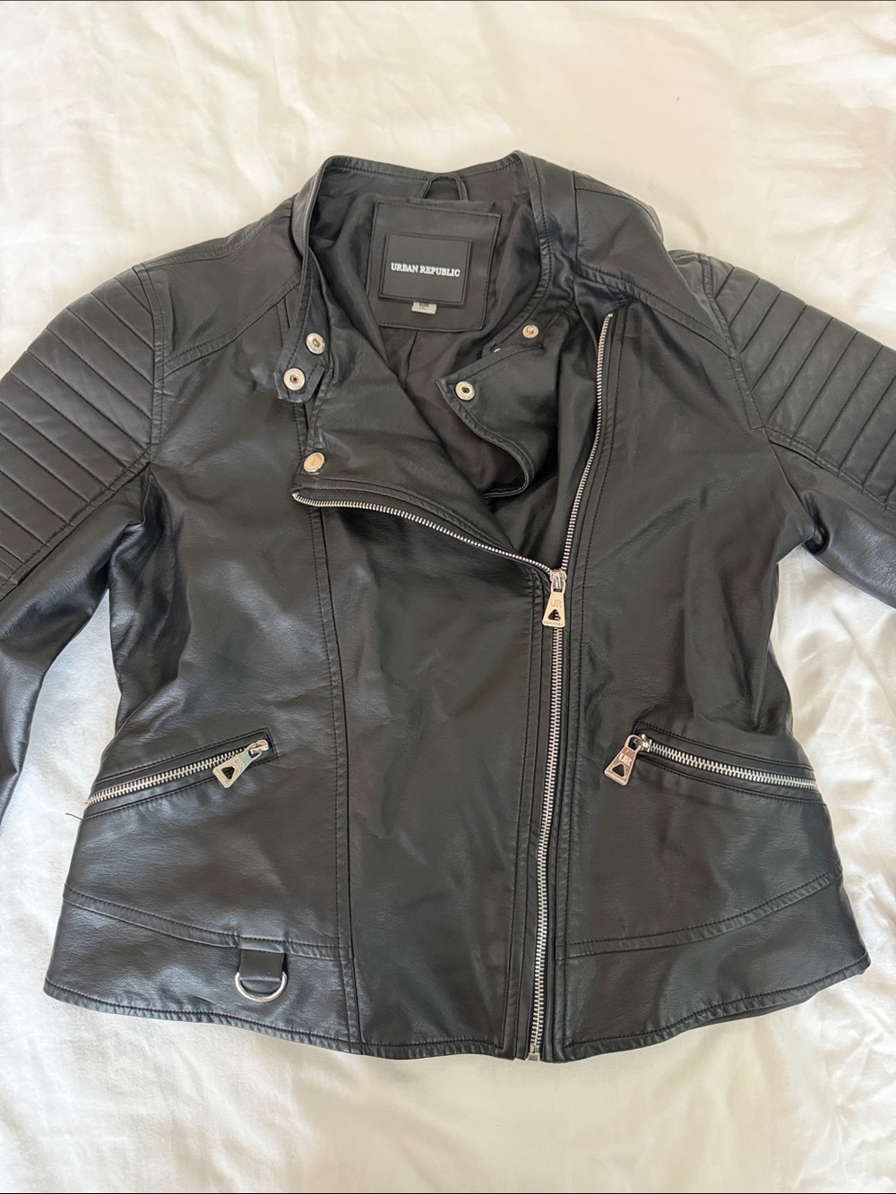 Urban Republic Black Quilted-Sleeve Faux Leather Moto Jacket